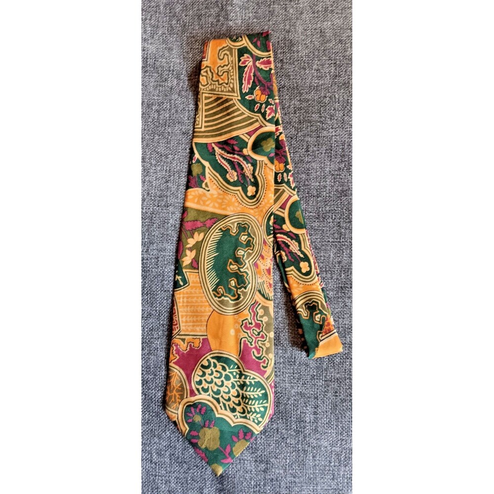 Dress Tie 70s 80s 90s Y2K Mens Mario Caldi yellow green 3.75 Wide 57 inches